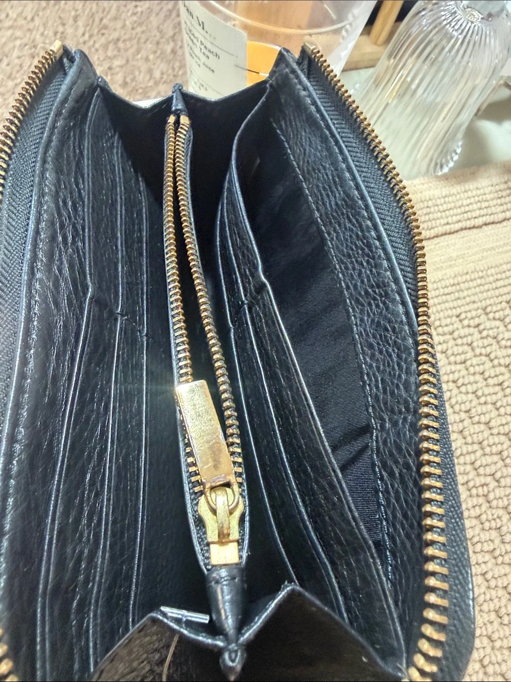 Tory Burch Black Pebbled Leather Zip Around Continental Wallet Gold Logo